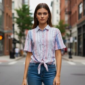🌻Alexia Admor Blue Pink Linen Striped Button-Up Tie Short Sleeve Top Size 6
